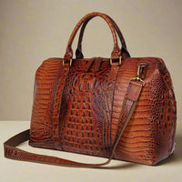 Brown Croc Print Real Leather Duffle Bag for Weekend Travel, 45.7cm x 19cm x 30.5cm, Fits 15.6 inch computer, Stylish One-Shoulder Messenger Bag