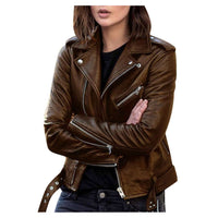 Street style zip imitation leather jacket with lapel collar in brown. Short style for a trendy, edgy look. Asian sizes available.