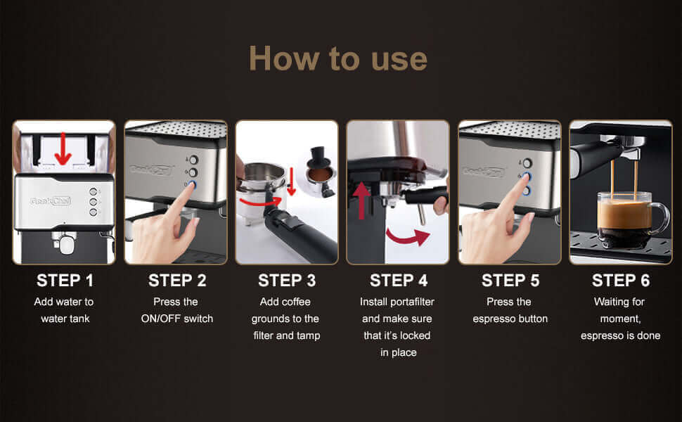 Step-by-step guide on how to use the Geek Chef 20 Bar Espresso Machine to make espresso at home.