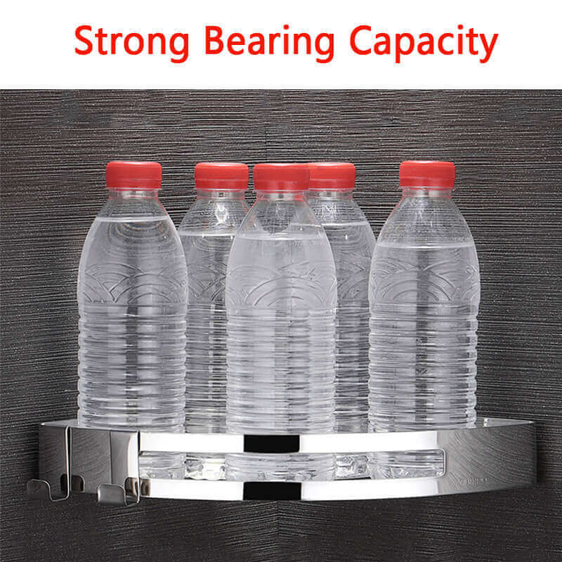 Durable hole-free bathroom shelf with adhesive mounting system for easy installation