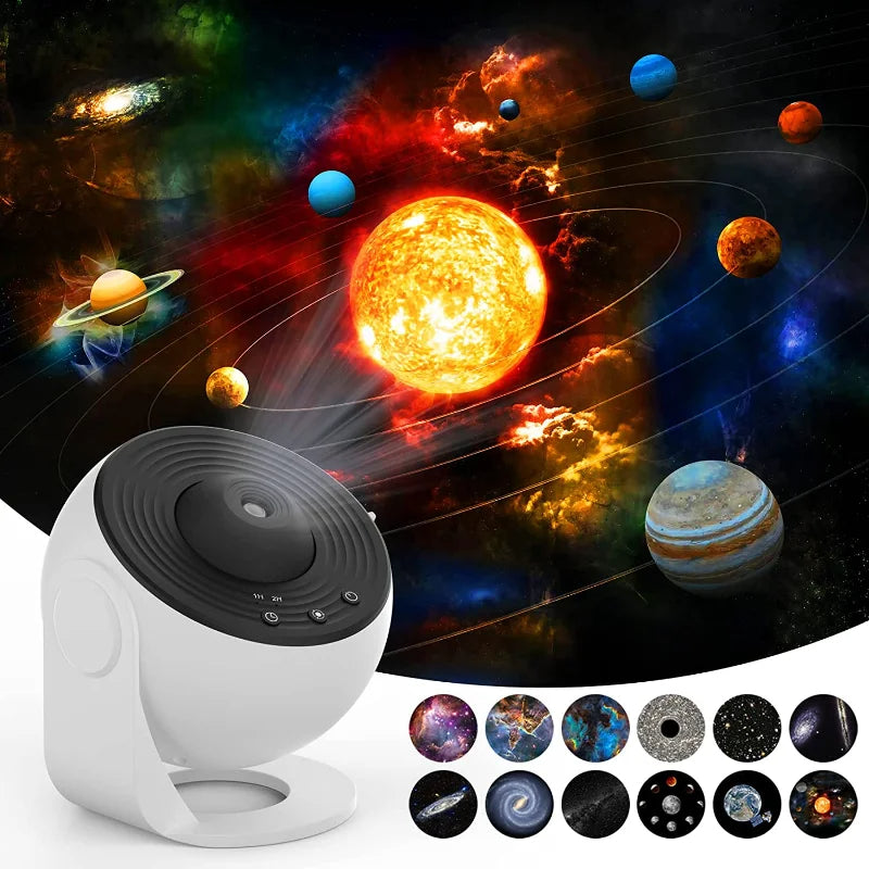 Space-themed projector with solar system illustration and planet models.