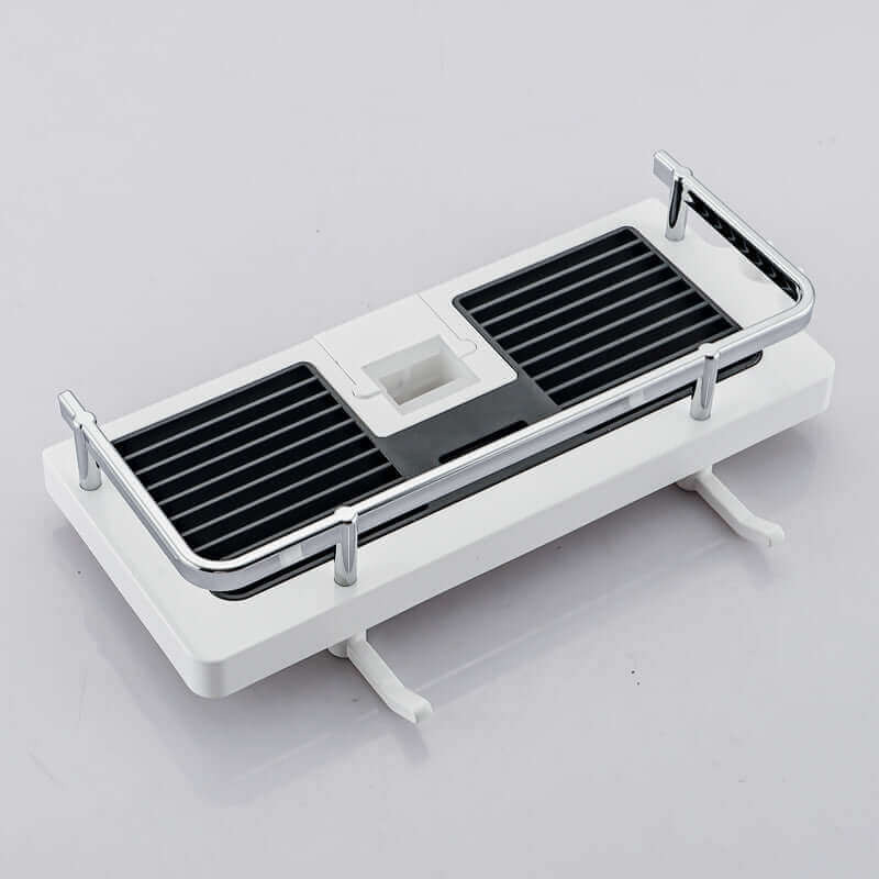 Black and white shower bar rack with electroplated surface for rust-resistant storage