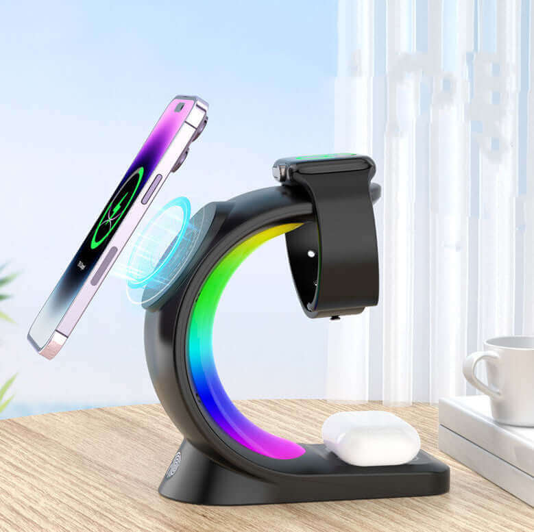 4-in-1 Magnetic Charge & Glow: Wireless Oasis for Phone, Watch, & Buds (RGB Light)