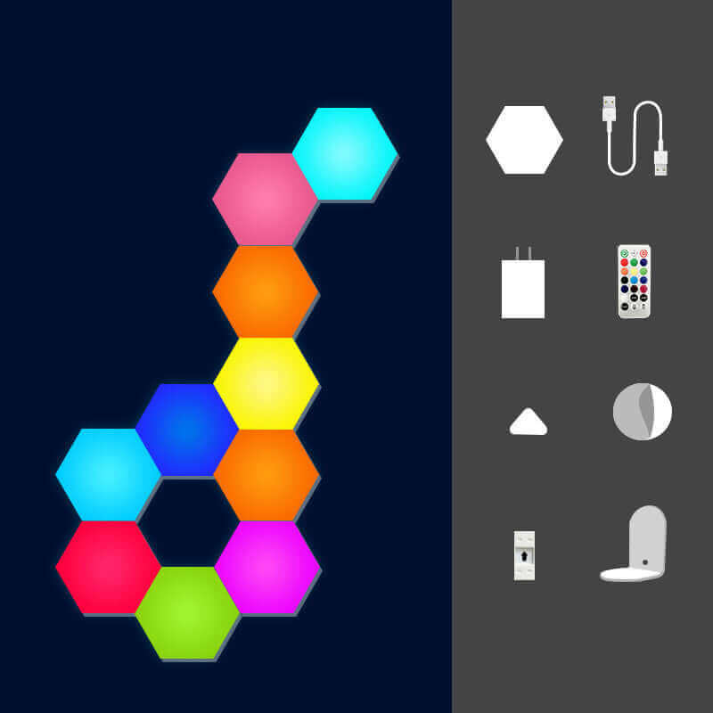 Colorful color-changing honeycomb wall lamp with induction, USB cable, remote, and other accessories for dreamy gaming atmosphere.
