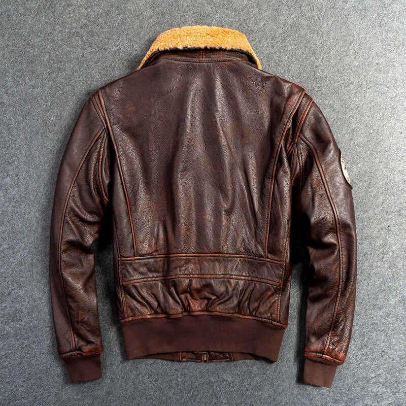Back view of Men's Genuine First Layer Leather Motorcycle Jacket with detachable collar