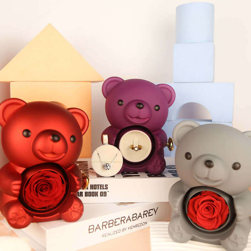 Amour éternel : Ours en rose éternelle avec boîte à bijoux rotative