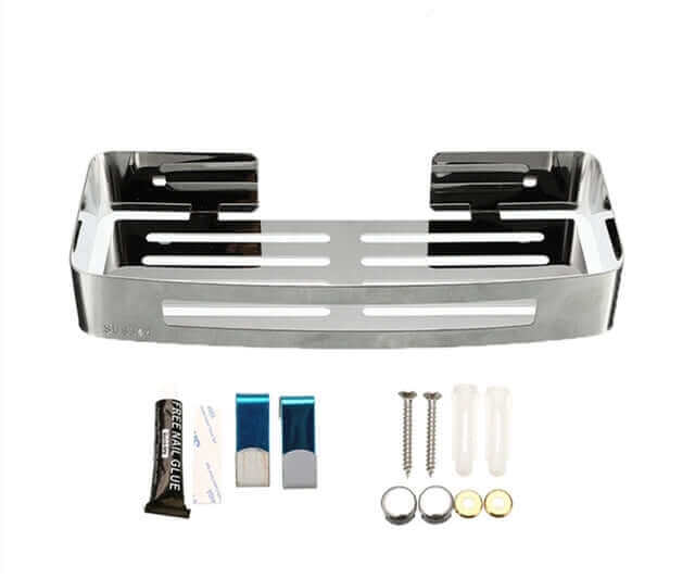 Wall-mounted bathroom shelf with adhesive mounting, no drilling required