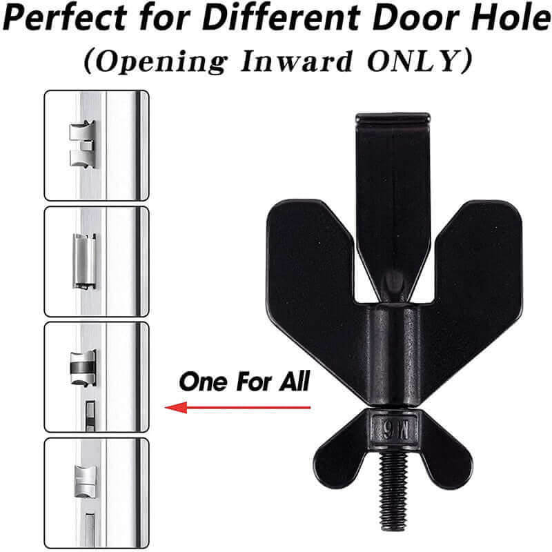 Universal portable hotel door lock for inward opening doors, featuring easy installation for different door hole sizes.