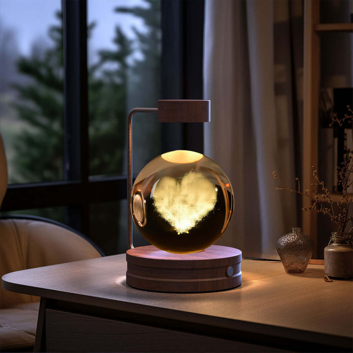Crystal Ball Cosmic Dinosaur Indoor Night Light USB Power on a desk, warm glow creating a cozy, romantic atmosphere in a bedroom.