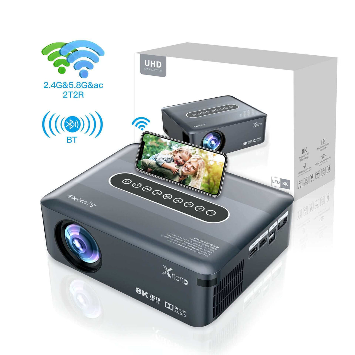 Ultra HD 8K wireless projector with built-in sound system for home theater, featuring vibrant colors and versatile connectivity options.
