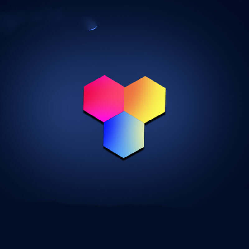 Color-changing smart quantum light induction honeycomb wall lamp with a dreamy rainbow effect for gaming atmosphere in a modern bedroom.