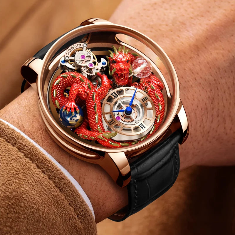 Luxury watch with red dragon design on a wrist