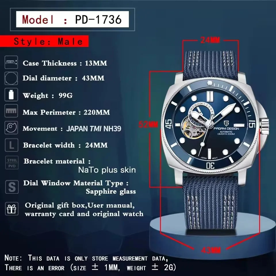 PAGANI DESIGN 2024 Original 43MM Men's Automatic Mechanical Watch NH39 200M Waterproof AR Sapphire Mirror Watches For Men ﻿