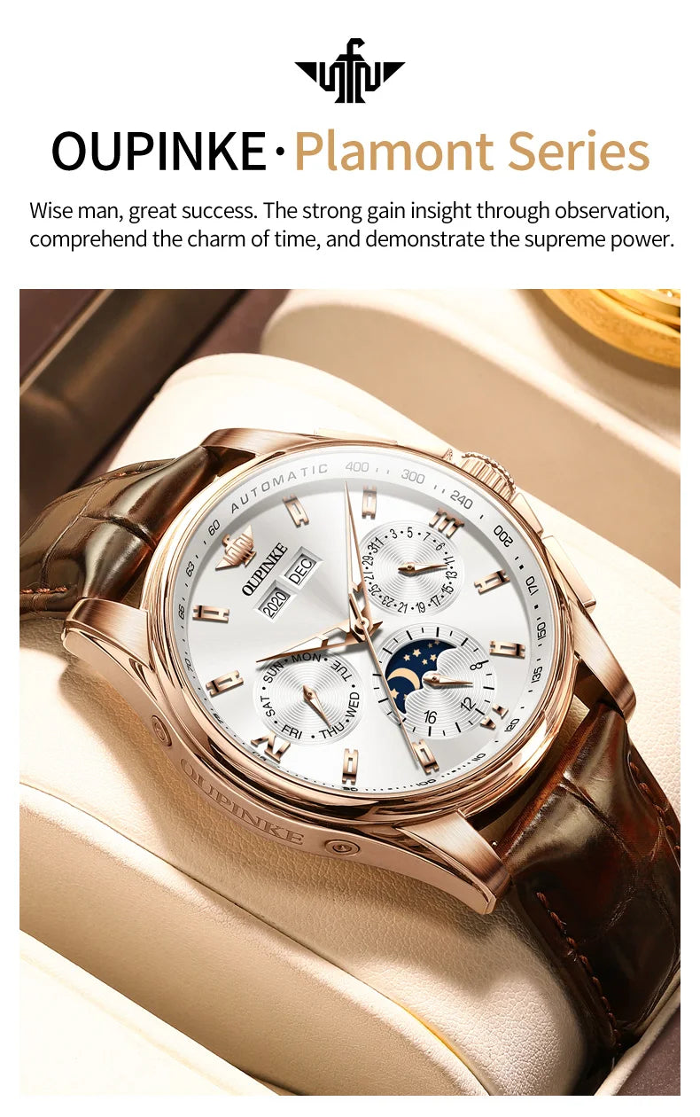 OUPINKE 3189 Men's Watch Top Luxury Brand Automatic Mechanical Watch Fashion Leather Waterproof Sapphire Mirror Moon Men's Watch