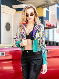Womens Rivet Beading Pu Jacket Hit Color Streetstyle Graffiti Outerwear letters Printed leather Jackets Short Punk Street Coat