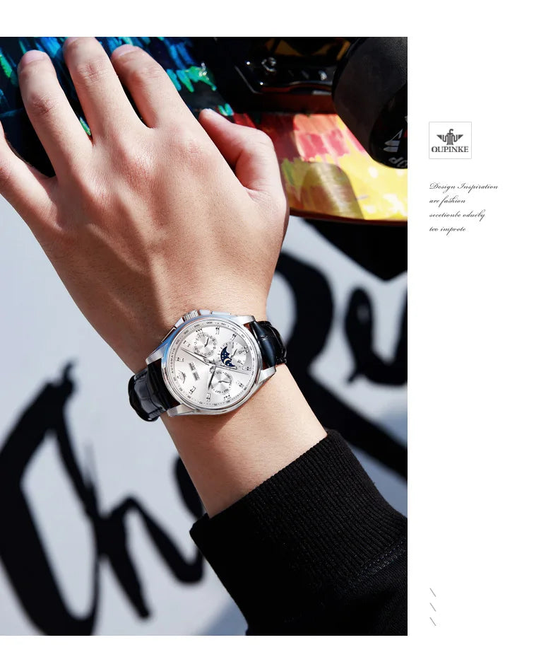 OUPINKE 3189 Men's Watch Top Luxury Brand Automatic Mechanical Watch Fashion Leather Waterproof Sapphire Mirror Moon Men's Watch