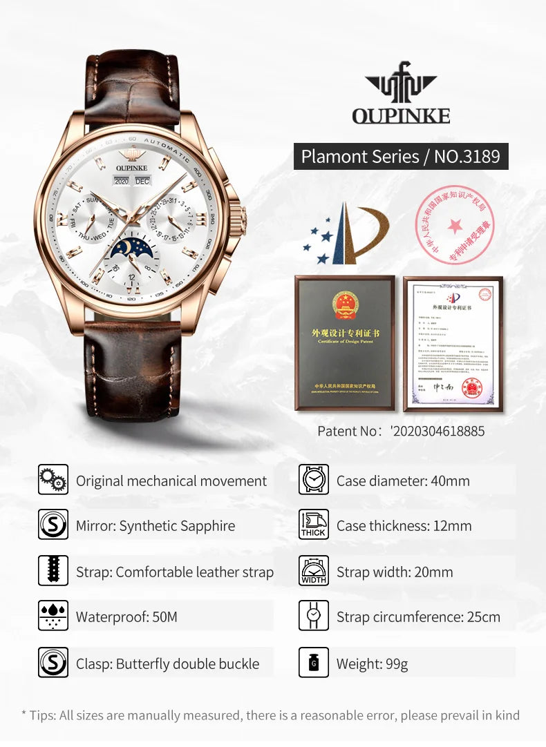 OUPINKE 3189 Men's Watch Top Luxury Brand Automatic Mechanical Watch Fashion Leather Waterproof Sapphire Mirror Moon Men's Watch