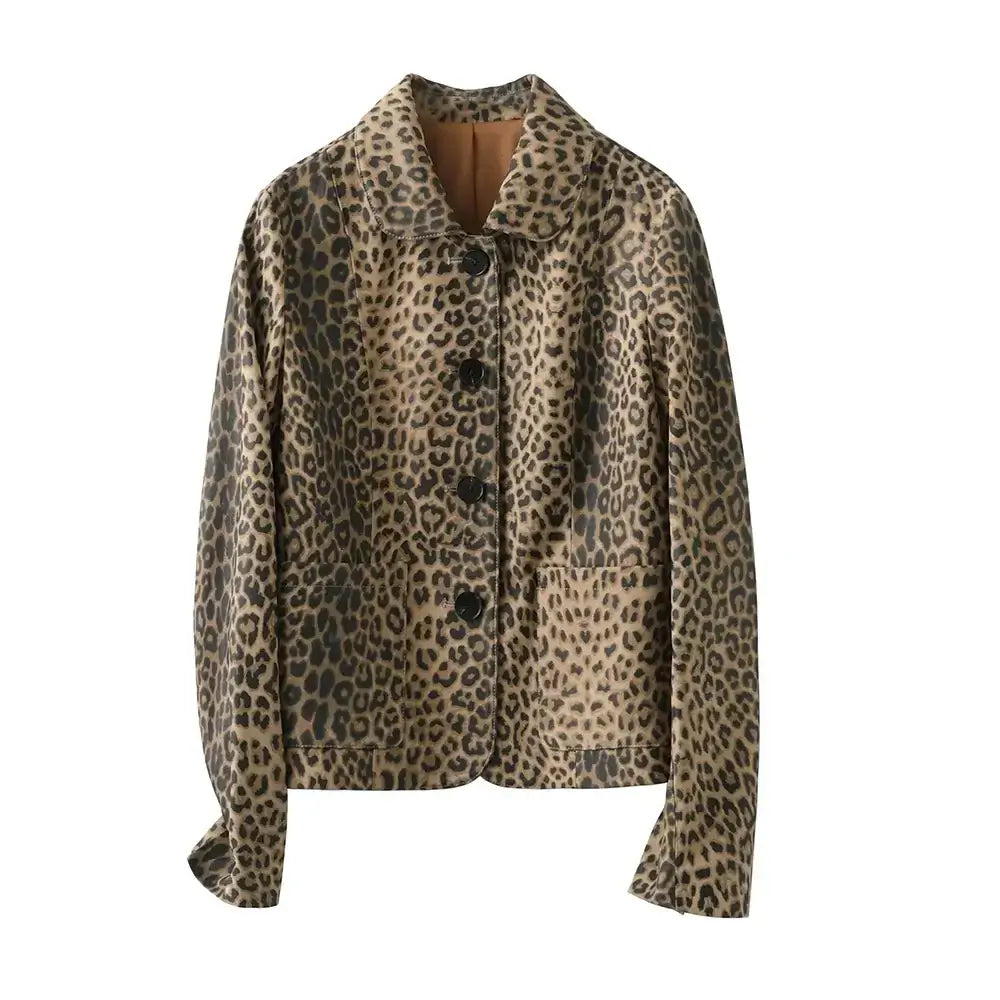 PREMIUM High End Leopard Print Top Layer Fetal Cowhide Women's Blazer Suit Short Single Breasted Genuine Leather Jacket Women