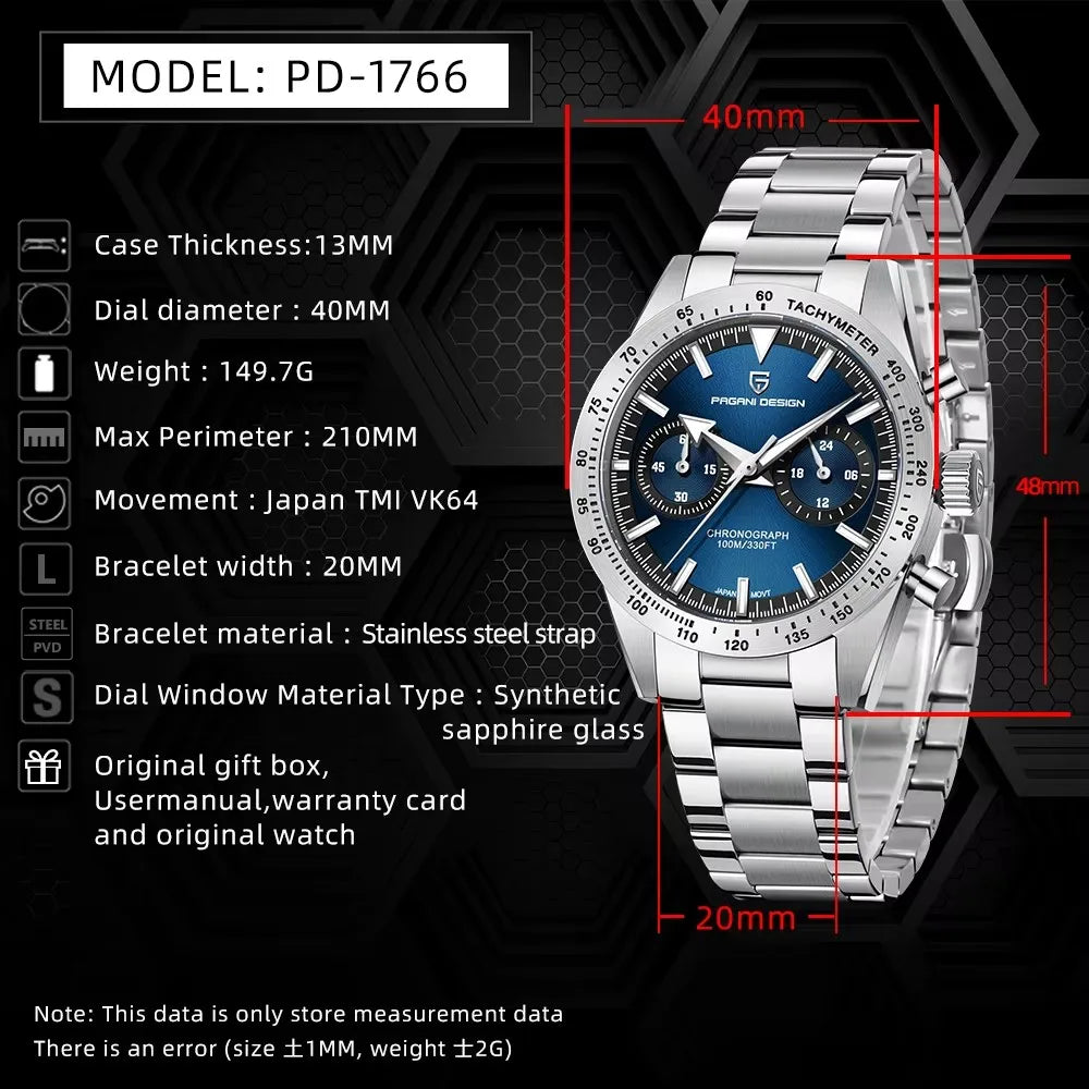 PAGANI DESIGN 2026 NEW Moon Top Brand Quartz Watch For Men Speed Chronograph Waterproof VK64 AR Sapphire Mirror Wristwatch 1766