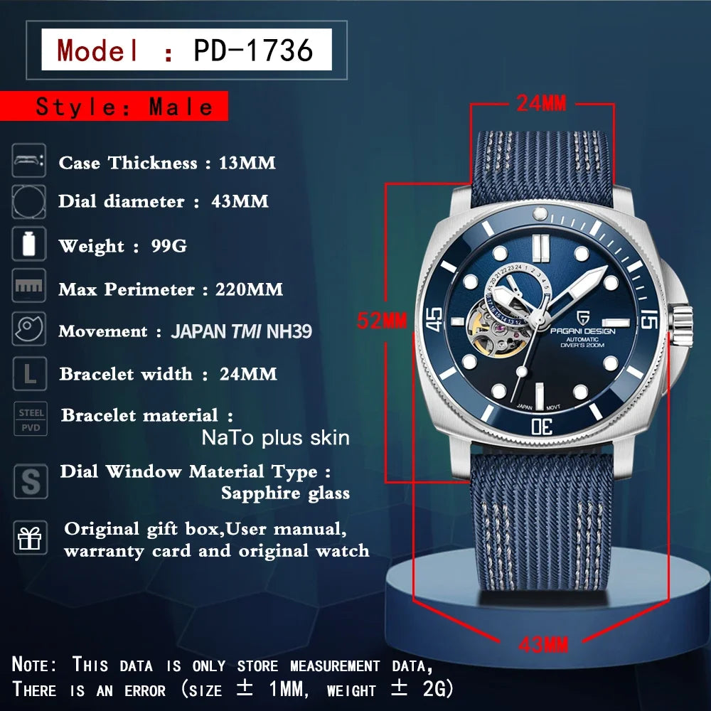 PAGANI DESIGN 2024 Original 43MM Men's Automatic Mechanical Watch NH39 200M Waterproof AR Sapphire Mirror Watches For Men ﻿