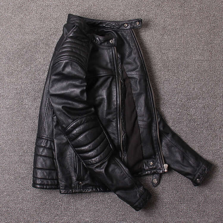 Black washed genuine leather jacket for men with short stand-up collar and slim fit. Suitable for spring and autumn.
