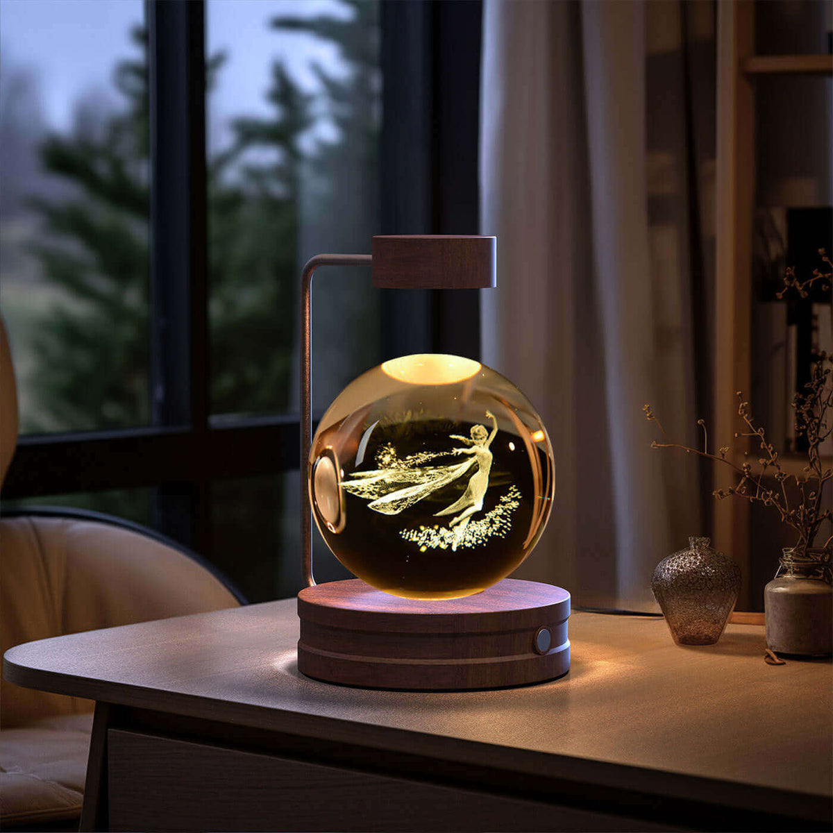 Crystal Ball Cosmic Dinosaur Indoor Night Light USB Power Warm Bedside Light Birthday Gift Night Lamp on Wooden Desk