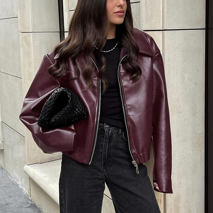 Solid Lapel Zipper Jacket
