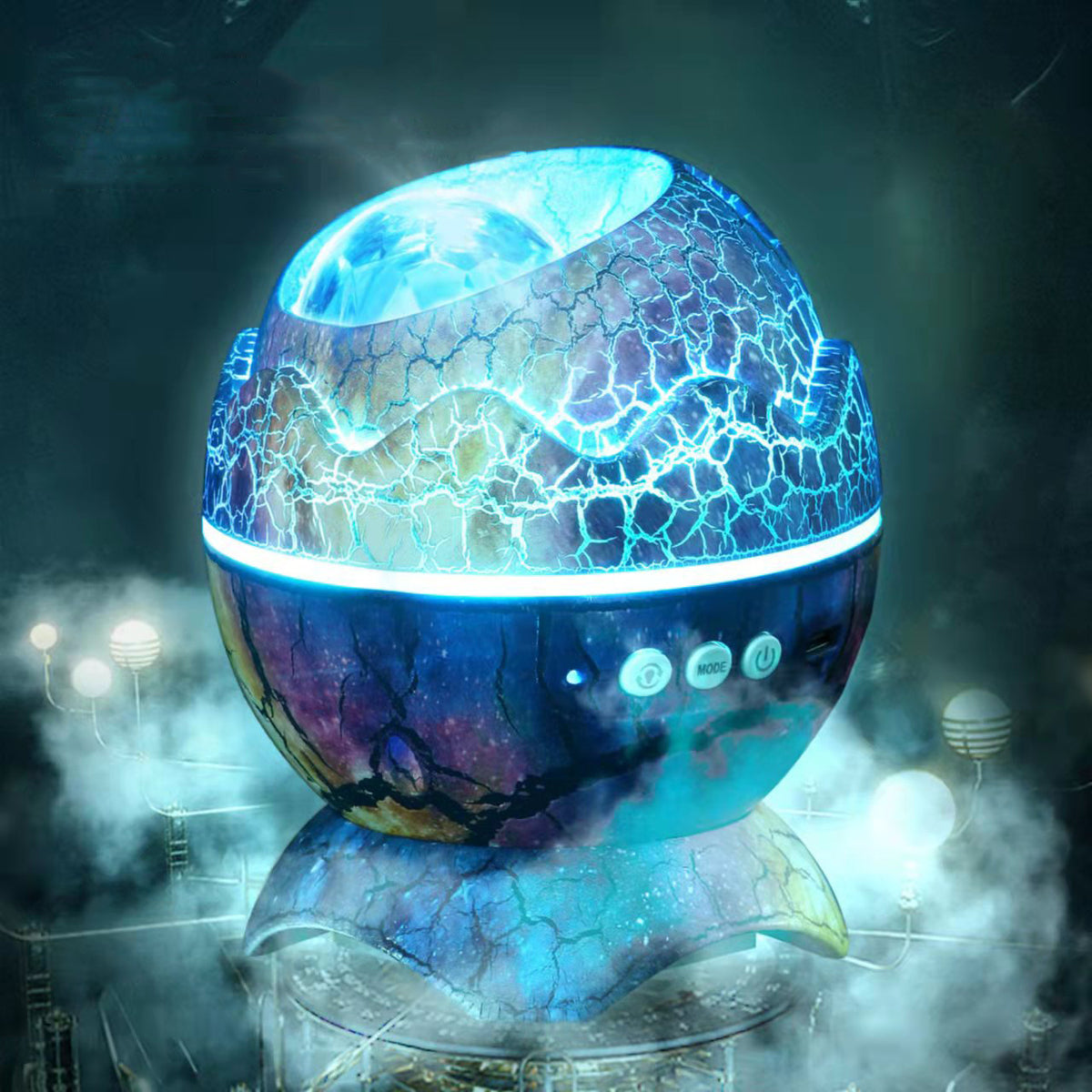 Colorful cracked sphere with a futuristic design on a dark background