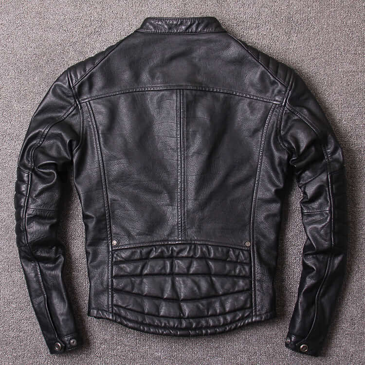 Black washed genuine leather jacket with stand-up collar shown from the back, ideal for men, suitable for spring and autumn seasons, sizes S to XXXXL.