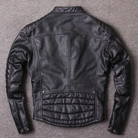 Black washed genuine leather jacket with stand-up collar shown from the back, ideal for men, suitable for spring and autumn seasons, sizes S to XXXXL.