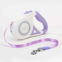 Retractable dog leash with purple handle and matching collar for small to medium pets, auto-lock and telescopic design for easy control