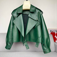 Stylish green sheepskin loose biker jacket for women, perfect for OL commuter style, made from high-quality leather. Available in various sizes.