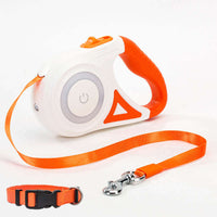 Retractable orange and white dog leash with locking system, traction rope, and matching dog collar for small to medium pets.